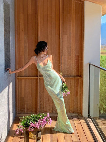 Shiny Sheath Spaghetti Strap Green Sequin Open Back Party Dress Evening Dress HZ1023